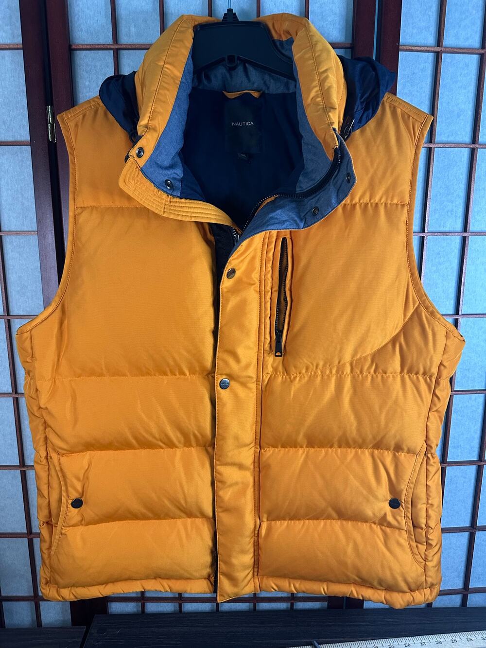 Nautica men's quilted puffer vest with a removable hood gold with navy blue XL